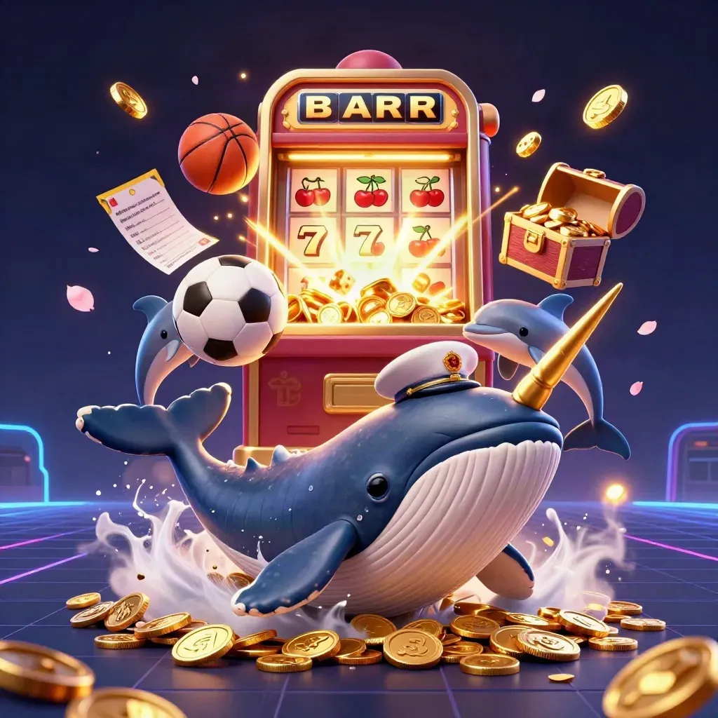Balena capitano, narvalo e delfini tra monete, slot e luci neon, scena lussuosa.