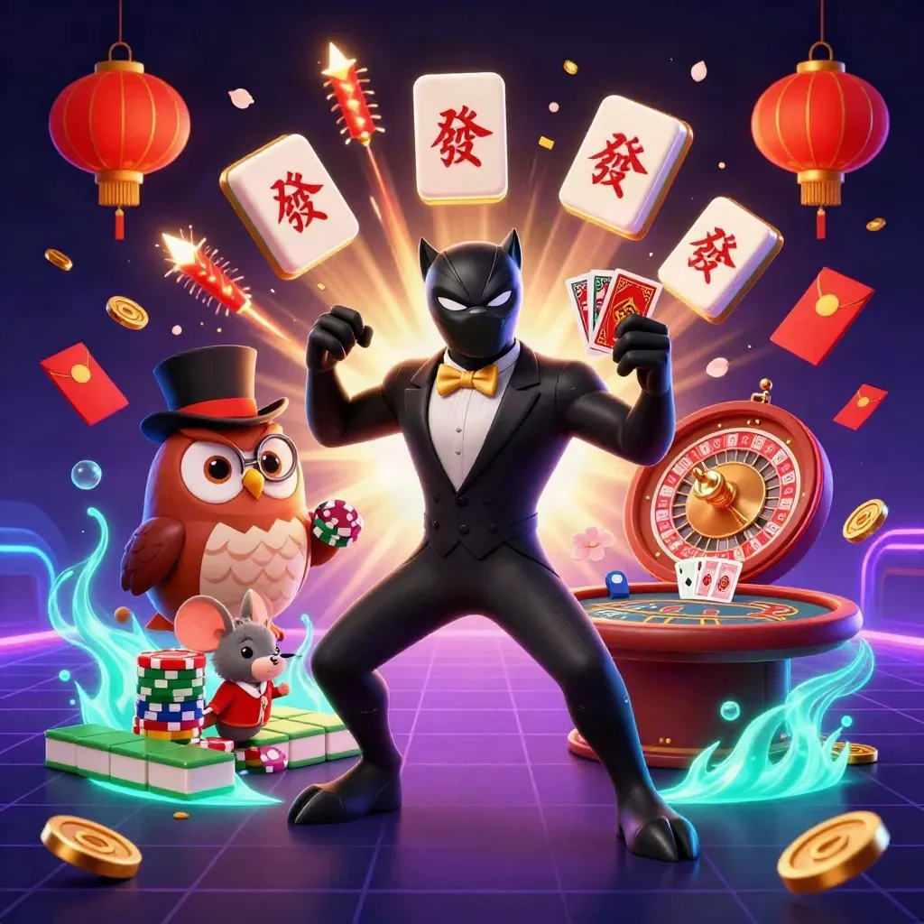 Pantera tuxedo, gufo con cilindro e topo fortunato tra carte, fiches e luci neon