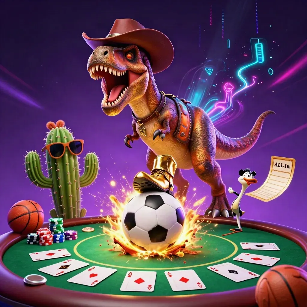 T-Rex cowboy, cactus e roadrunner tra pallone, fiches e luci neon.