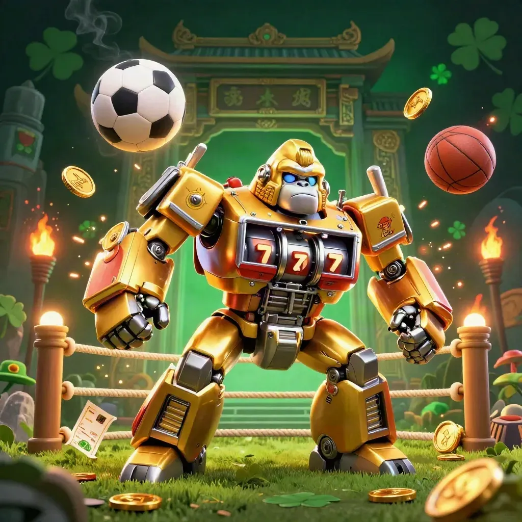 Gorilla mech dorato con pilota scimmia, pallone e basket, scintille e tempio.