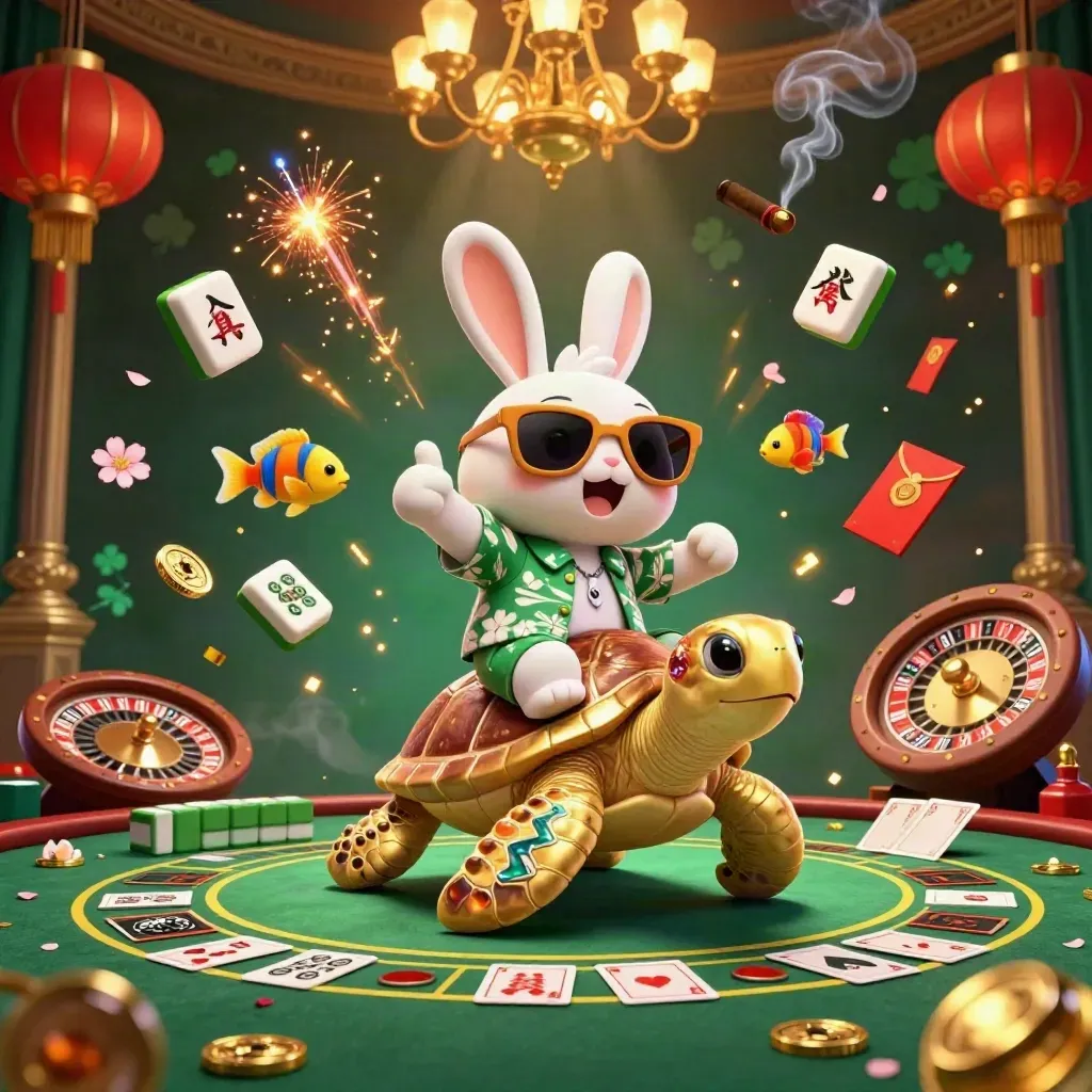 Coniglio lucky su tartaruga d’oro, carte, lanterne, fiches, ruota e luci casinò lussuose.