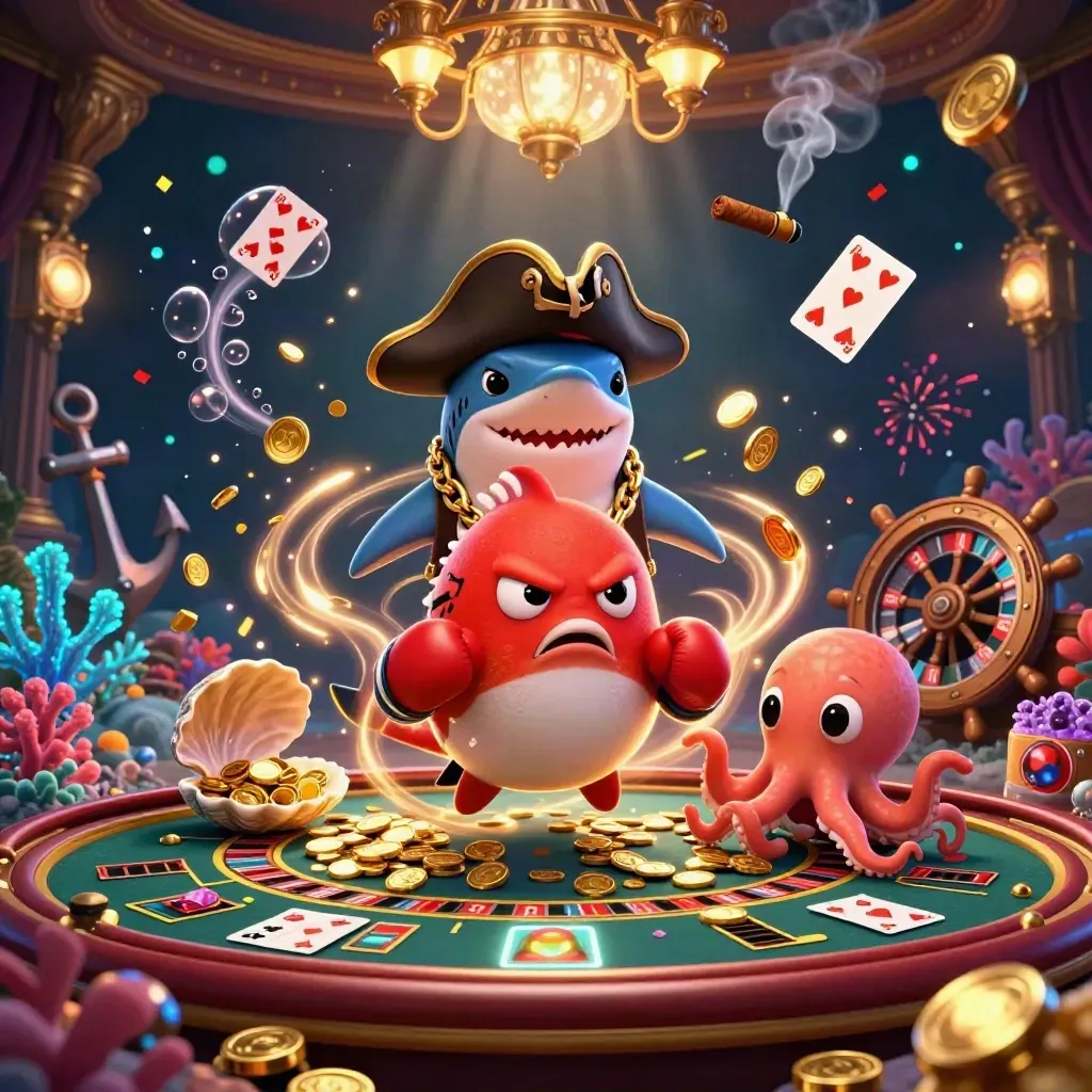 Squalo pirata, pesce palla e polpo in una cove dorata con monete, coralli e luci neon.