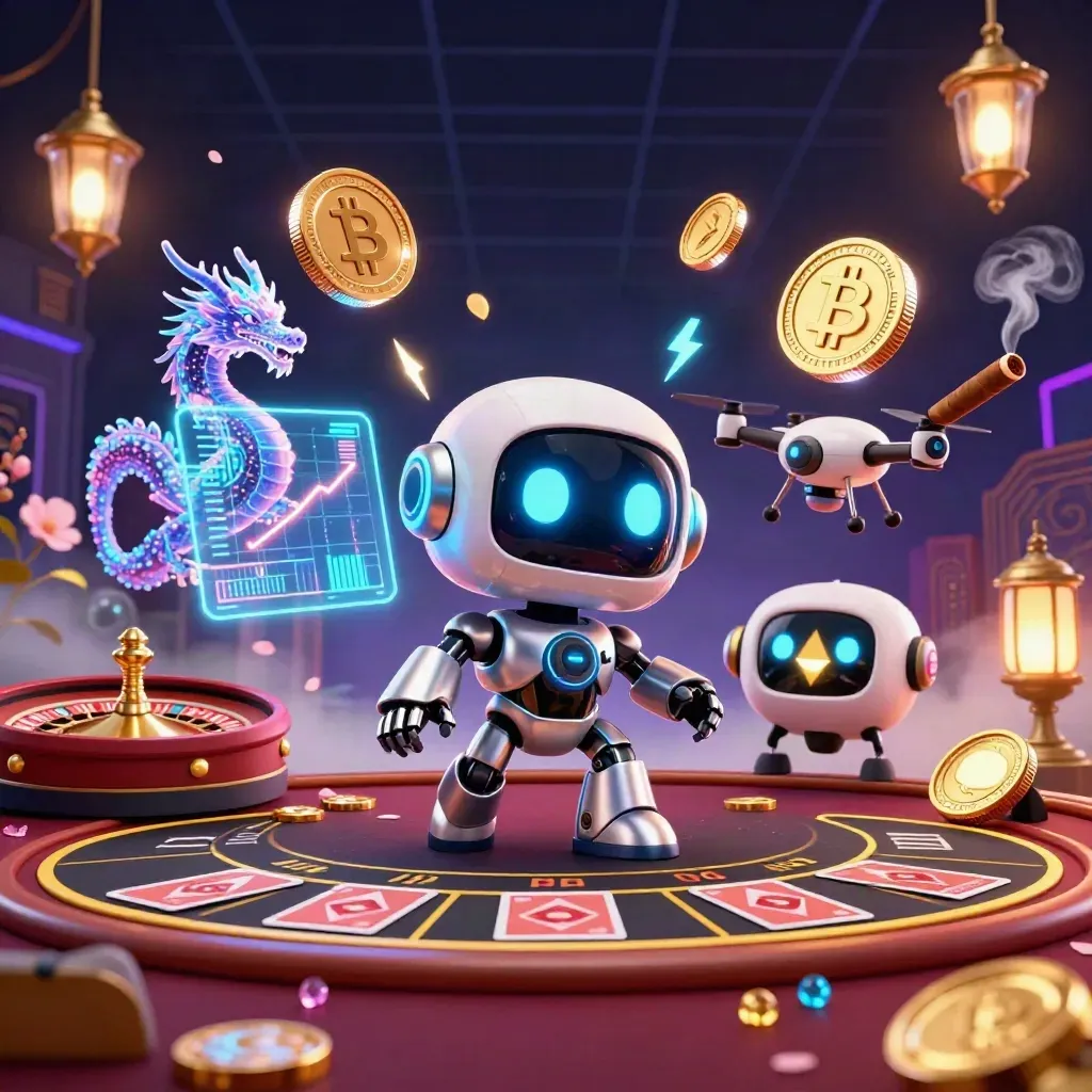 Robot cyberpunk, drago olografico e drone tra monete, roulette e luci neon.