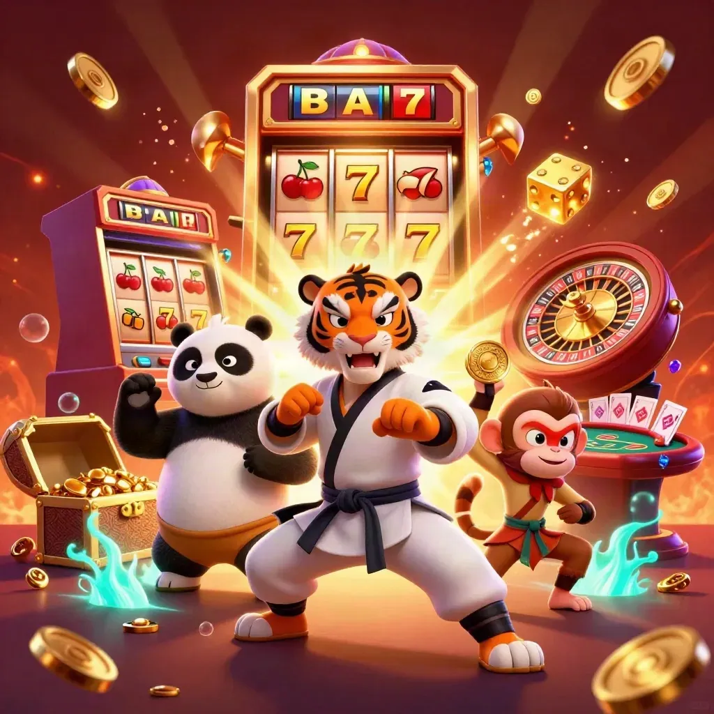 Tigre kung-fu, panda e scimmia con slot, dadi e luci neon in un casino lussuoso.