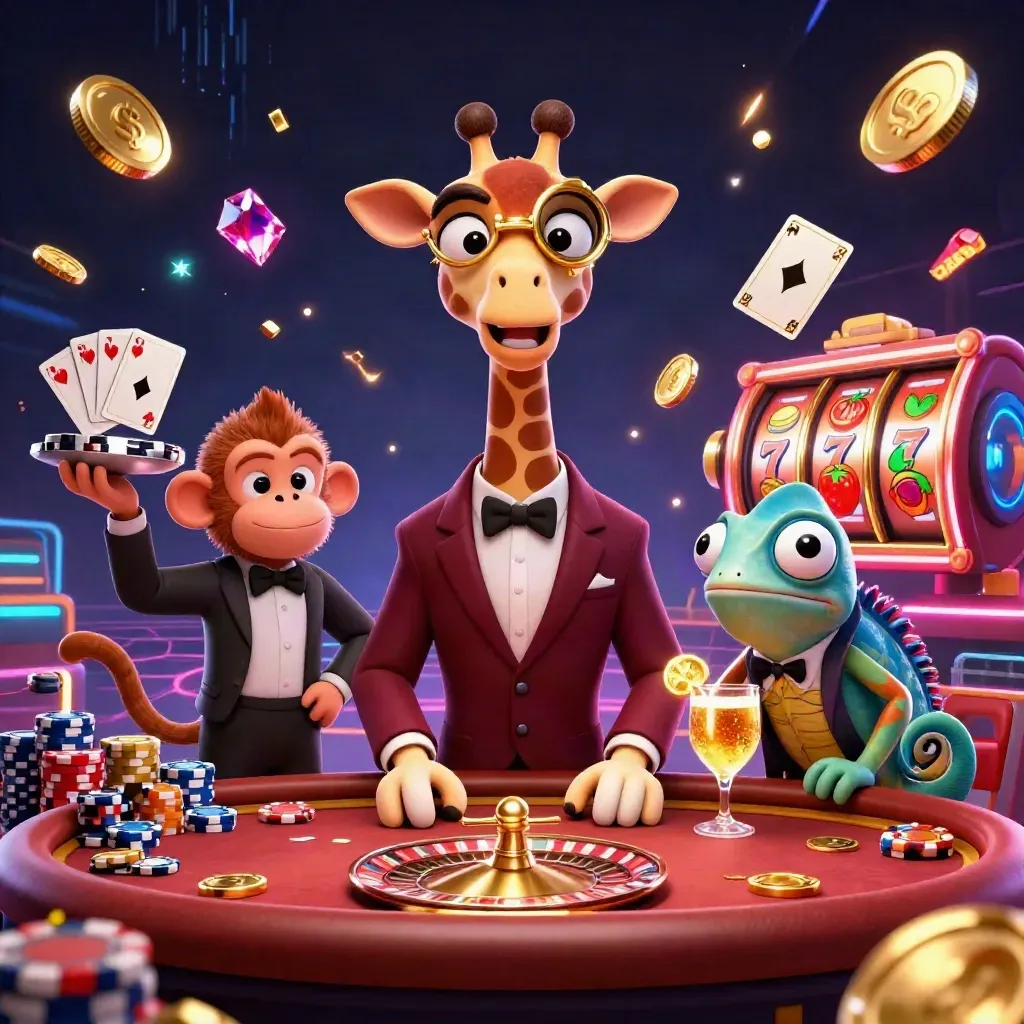 Giraffa VIP, scimmia e camaleonte tra gettoni, roulette, monete e gemme neon.