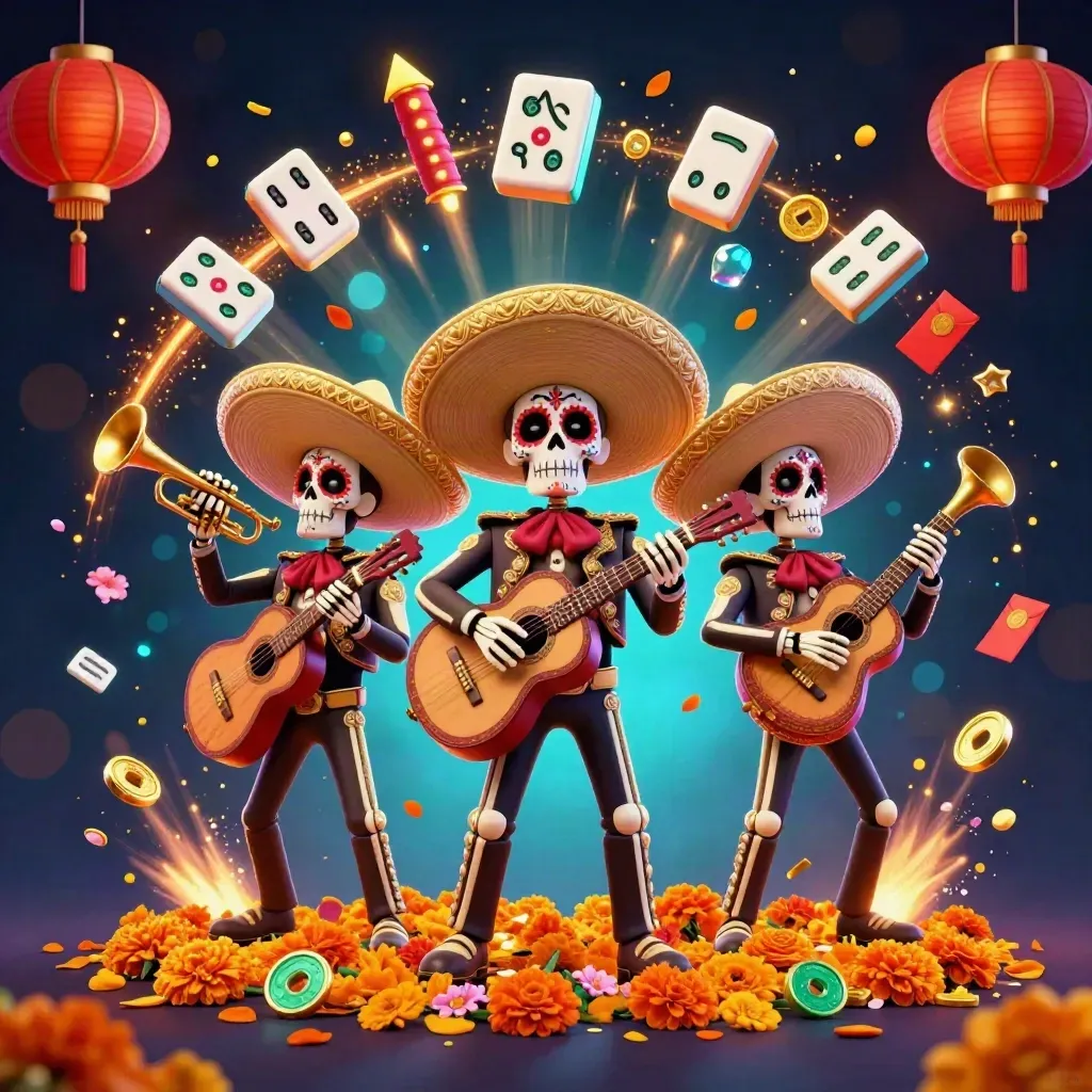 Tre mariachi scheletrici in stile Dia de los Muertos tra petali, gemme e luci neon