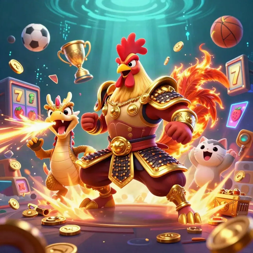 Gallo guerriero d’oro, drago cucciolo e gatto portafortuna tra monete, gemme e neon.