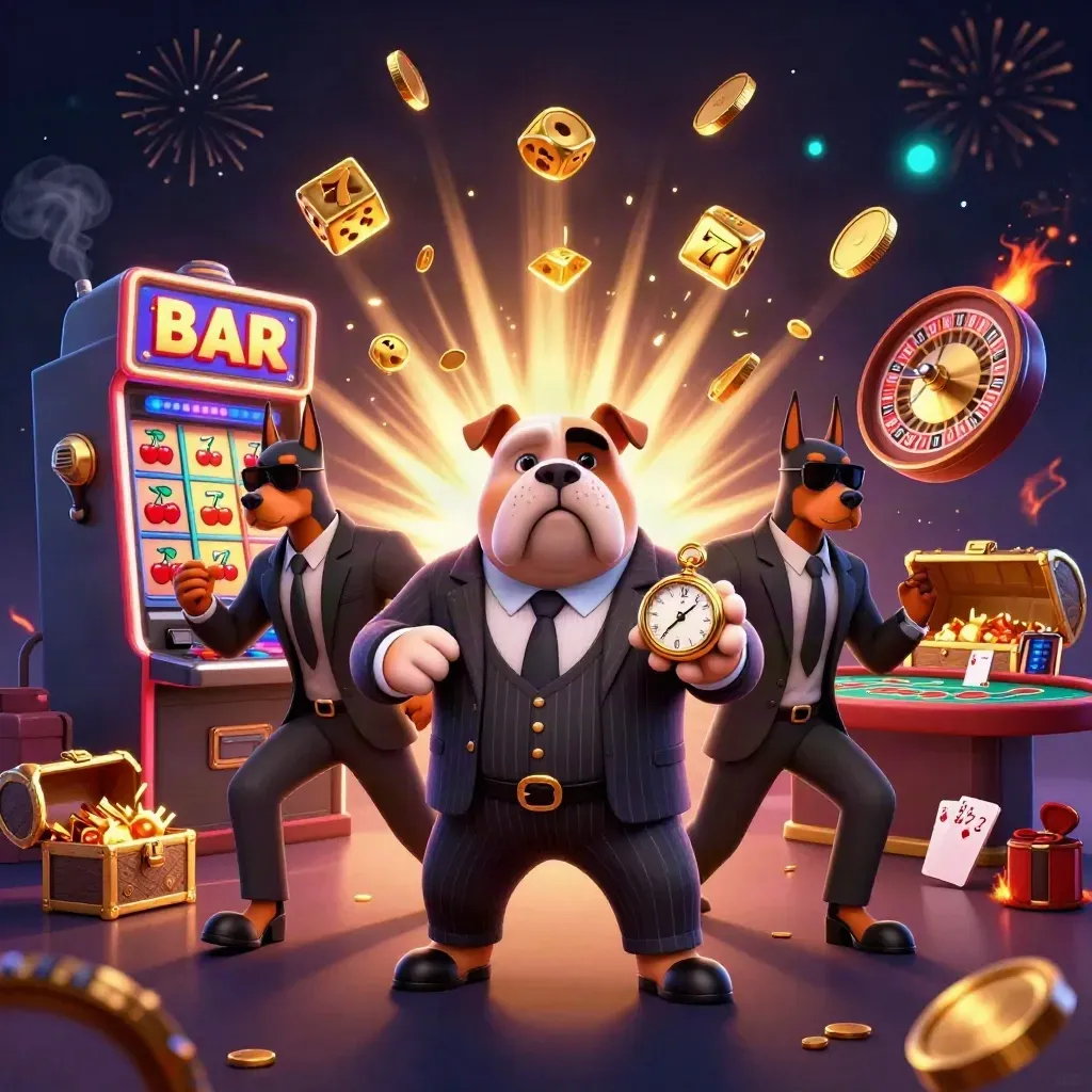 Bulldog boss e due dobermann in un’esplosione di slot, monete e fuochi