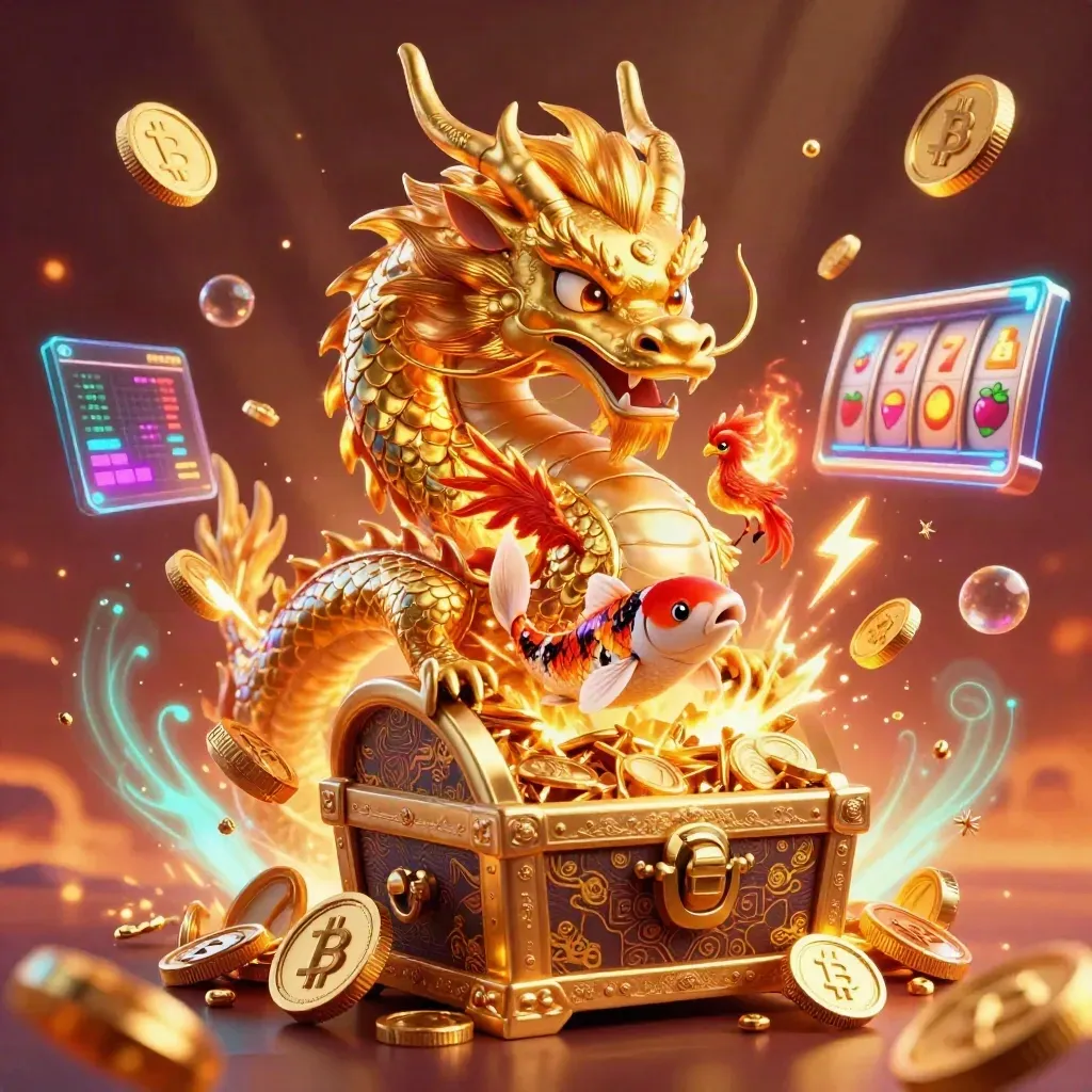 Drago d’oro con fenice e carpa, tesoro esplosivo e luci neon su fondo bordeaux.