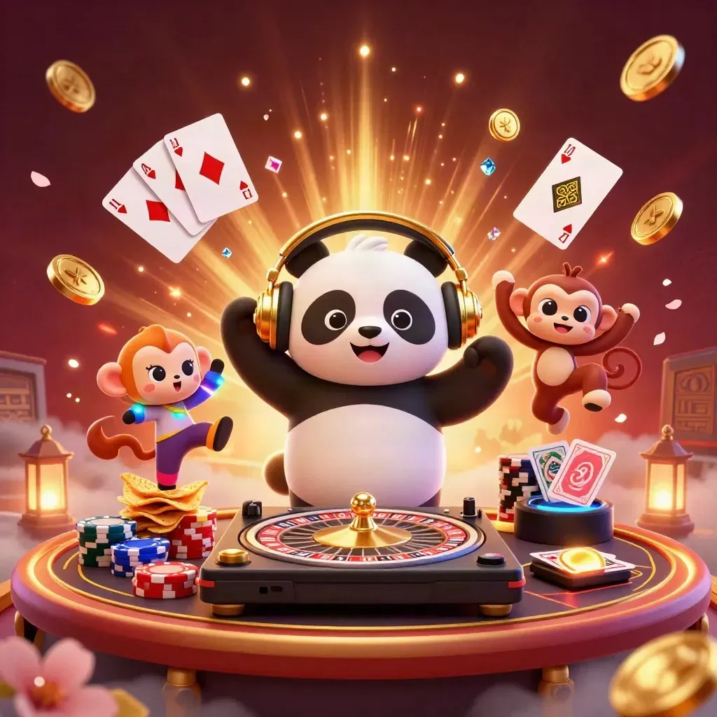 Panda DJ, scimmia danzante e gattino glow-stick tra monete d'oro, roulette e carte in un bagliore lussuoso.