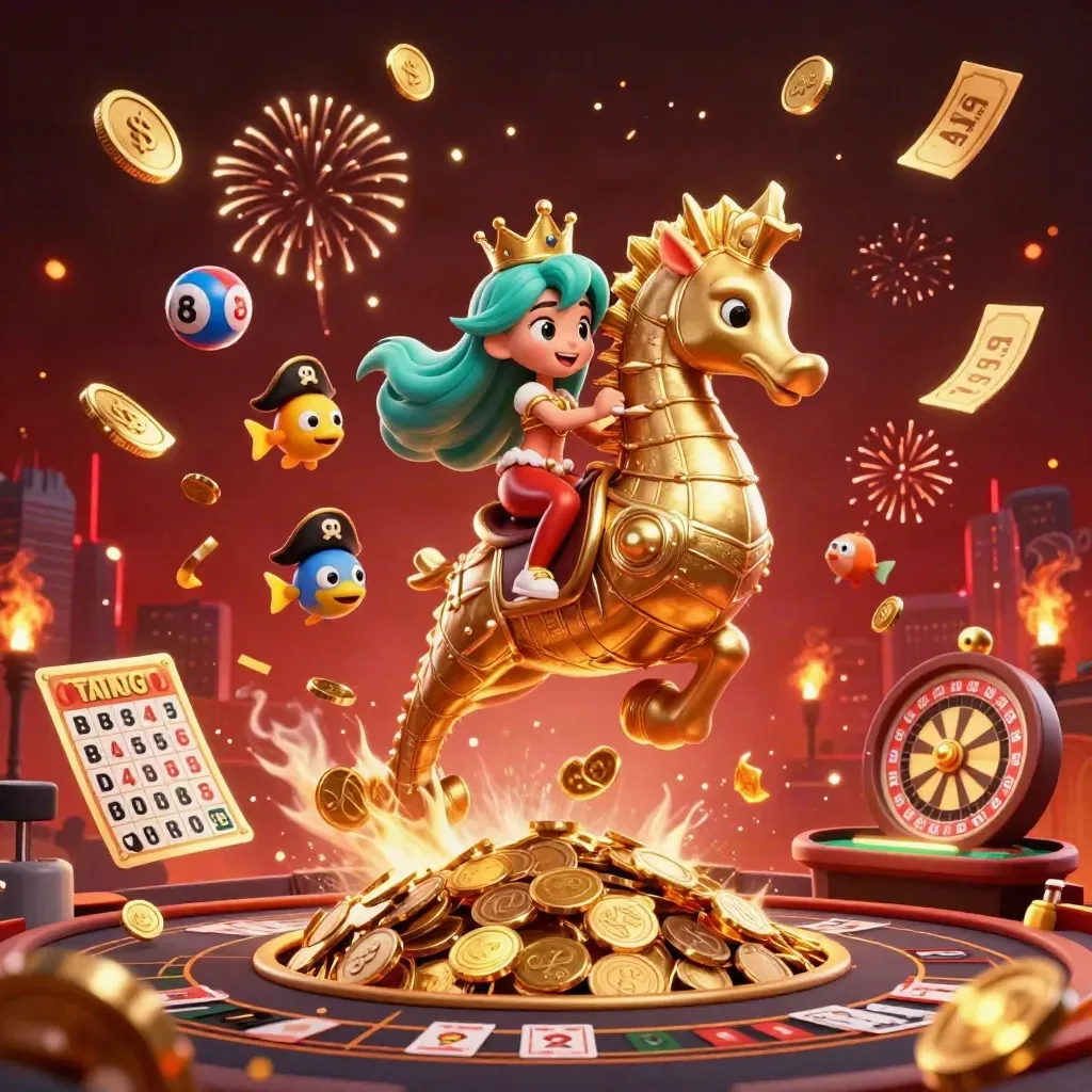 Sirena principesca su cavalluccio marino d’oro tra monete, ruota, pesci pirata e carte