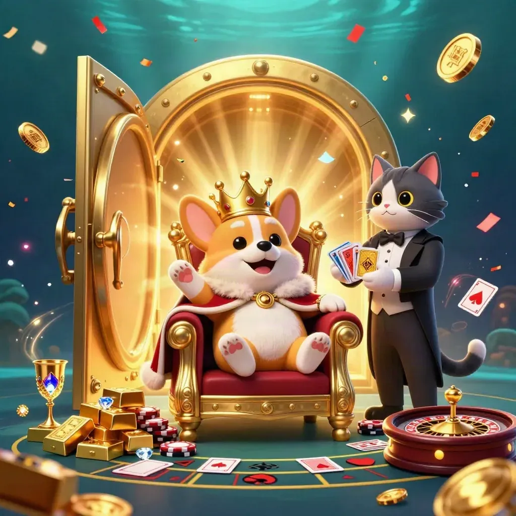 Corgi reale e gatto maggiordomo tra un forziere d’oro, fiches e fuochi d’artificio