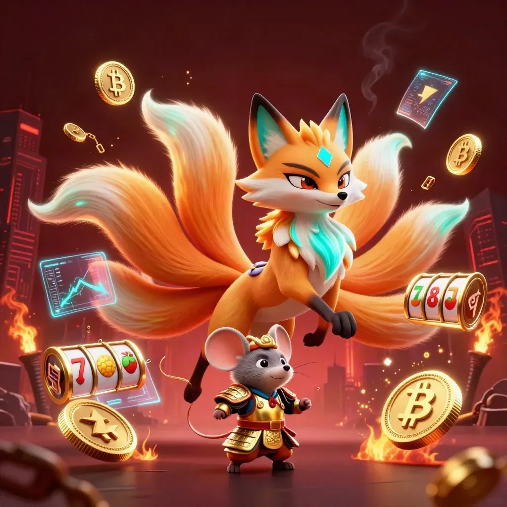Volpe spiritica a nove code con topolino samurai e simboli slot neon su sfondo rosso scuro
