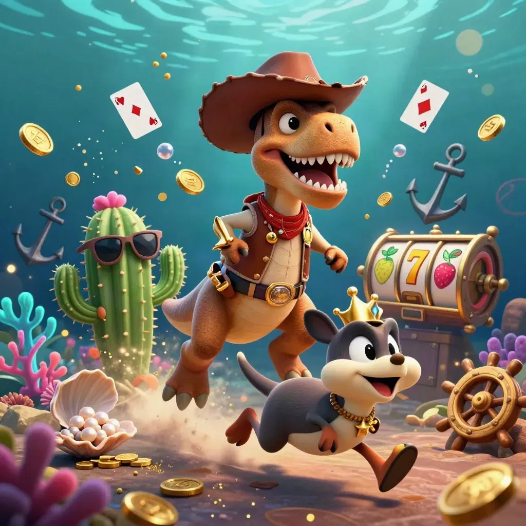 T-Rex cowboy, cactus e uccellino in un tesoro subacqueo scintillante, stile casino premium.