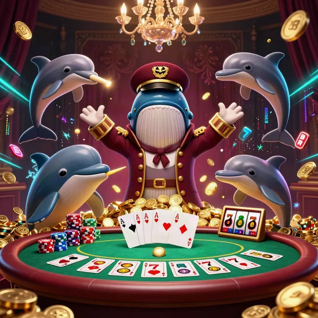 Balena capitano, narvalo e delfini tra fiches, carte e slot in un lusso burgundy e oro.