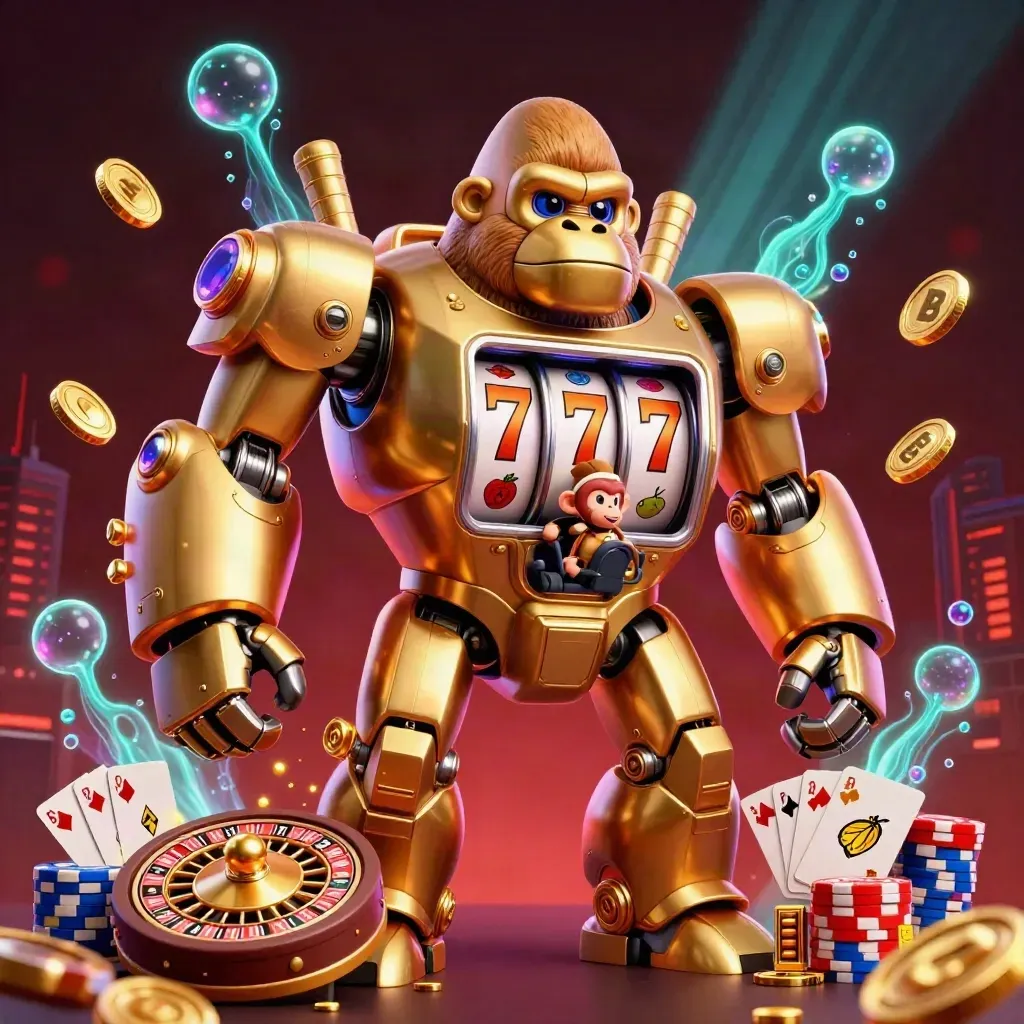 Gorilla mech dorato con pilota scimmia, gettoni e ruota roulette in un bagliore cyan e rosso.